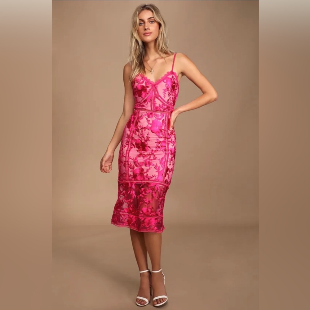 Lulus Deeply Cherished Hot Pink Lace Midi Dress